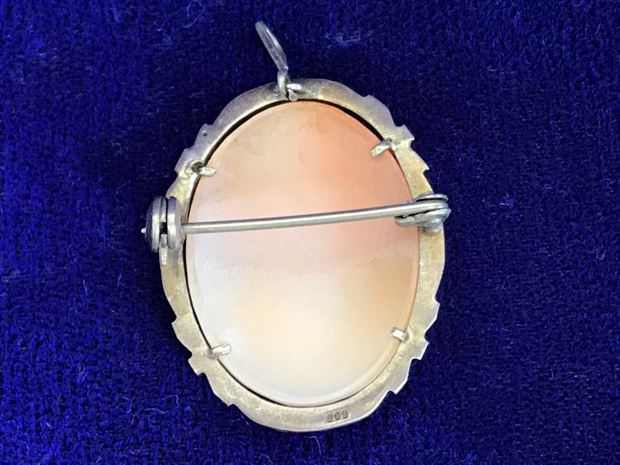 Antique 800 Silver Carved Shell Cameo Brooch Pin Pendant With Marcasites 1.25” X 0.9” 4.7g [Photo 12]