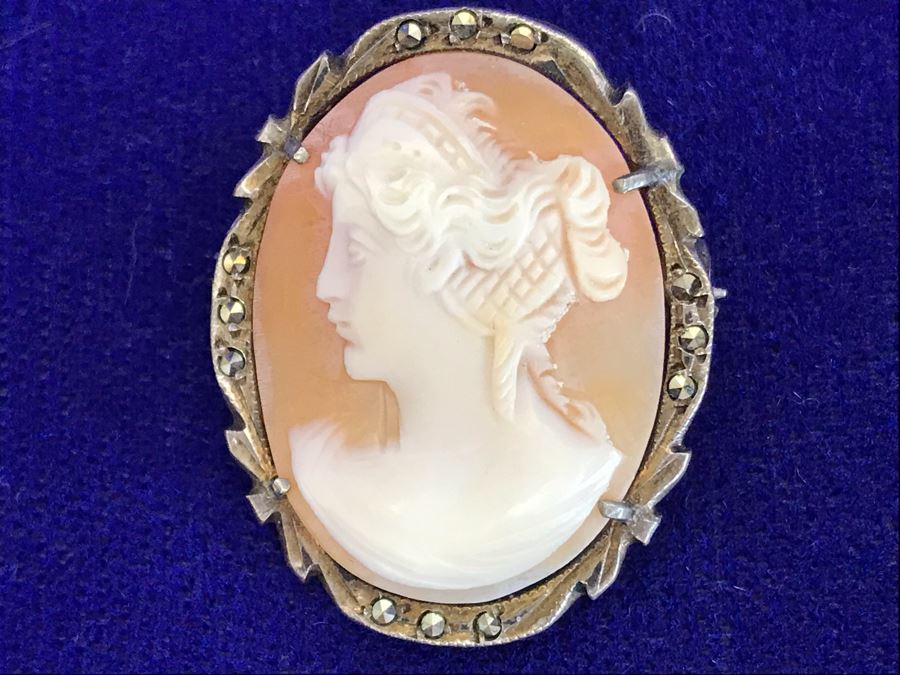 Antique 800 Silver Carved Shell Cameo Brooch Pin Pendant With Marcasites 1.25” X 0.9” 4.7g [Photo 2]