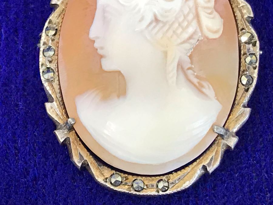 Antique 800 Silver Carved Shell Cameo Brooch Pin Pendant With Marcasites 1.25” X 0.9” 4.7g [Photo 7]