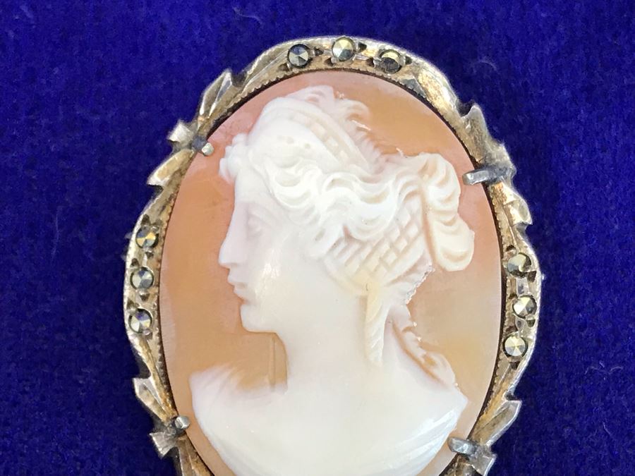 Antique 800 Silver Carved Shell Cameo Brooch Pin Pendant With Marcasites 1.25” X 0.9” 4.7g [Photo 5]