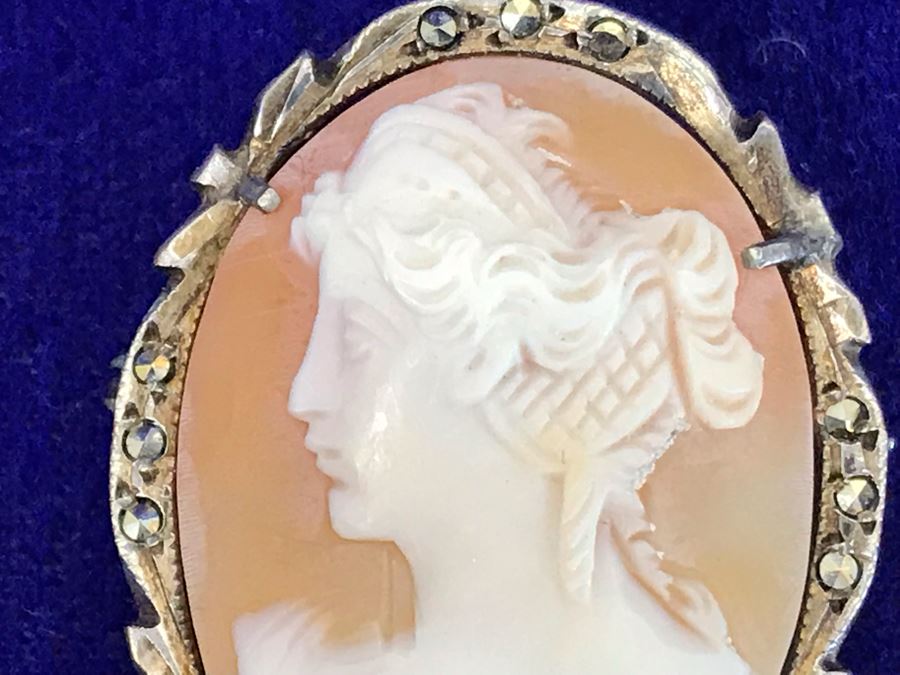 Antique 800 Silver Carved Shell Cameo Brooch Pin Pendant With Marcasites 1.25” X 0.9” 4.7g [Photo 6]