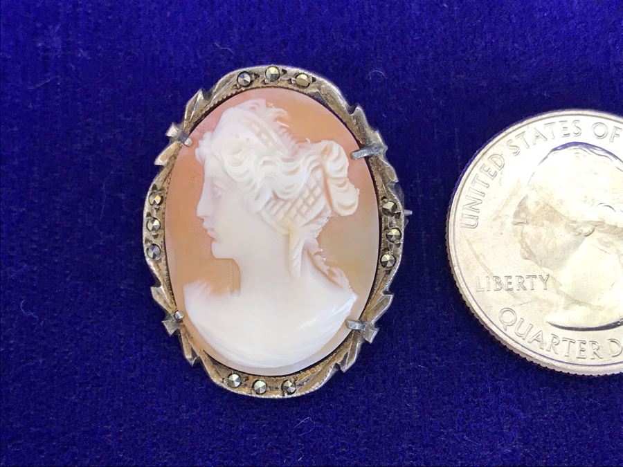 Antique 800 Silver Carved Shell Cameo Brooch Pin Pendant With Marcasites 1.25” X 0.9” 4.7g [Photo 4]