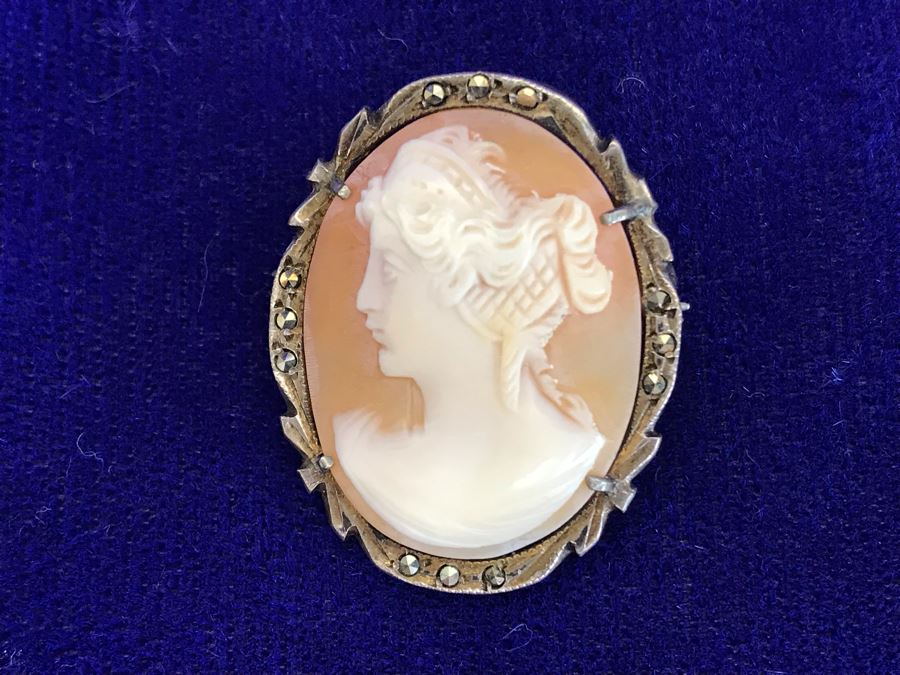 Antique 800 Silver Carved Shell Cameo Brooch Pin Pendant With Marcasites 1.25” X 0.9” 4.7g [Photo 3]