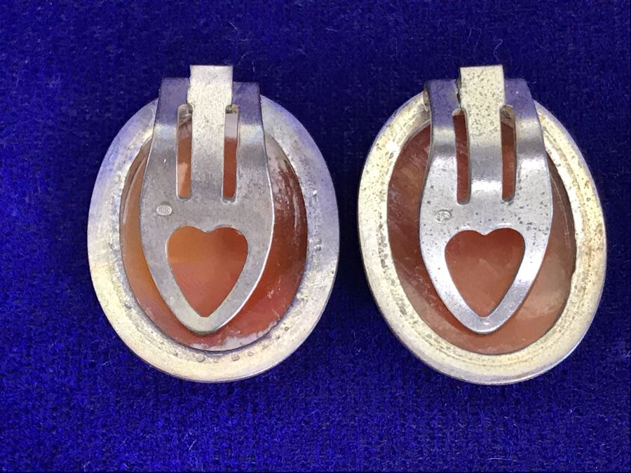 Antique 800 Silver Carved Shell Cameo Clip On Earrings 1” X 0.75” 8.8g [Photo 11]