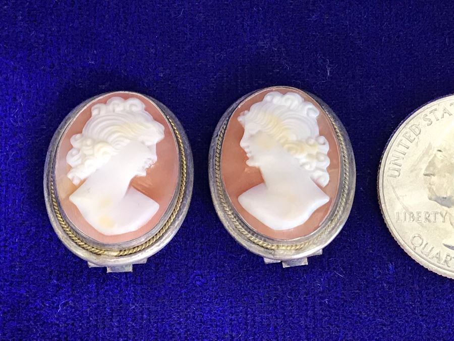 Antique 800 Silver Carved Shell Cameo Clip On Earrings 1” X 0.75” 8.8g [Photo 4]