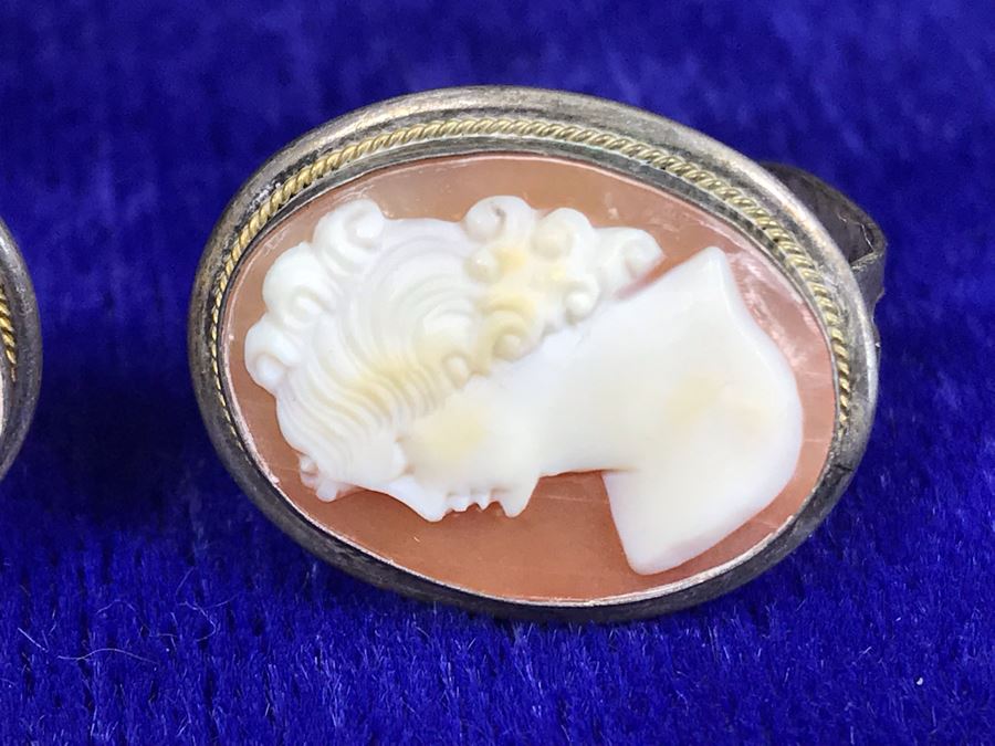 Antique 800 Silver Carved Shell Cameo Clip On Earrings 1” X 0.75” 8.8g [Photo 6]