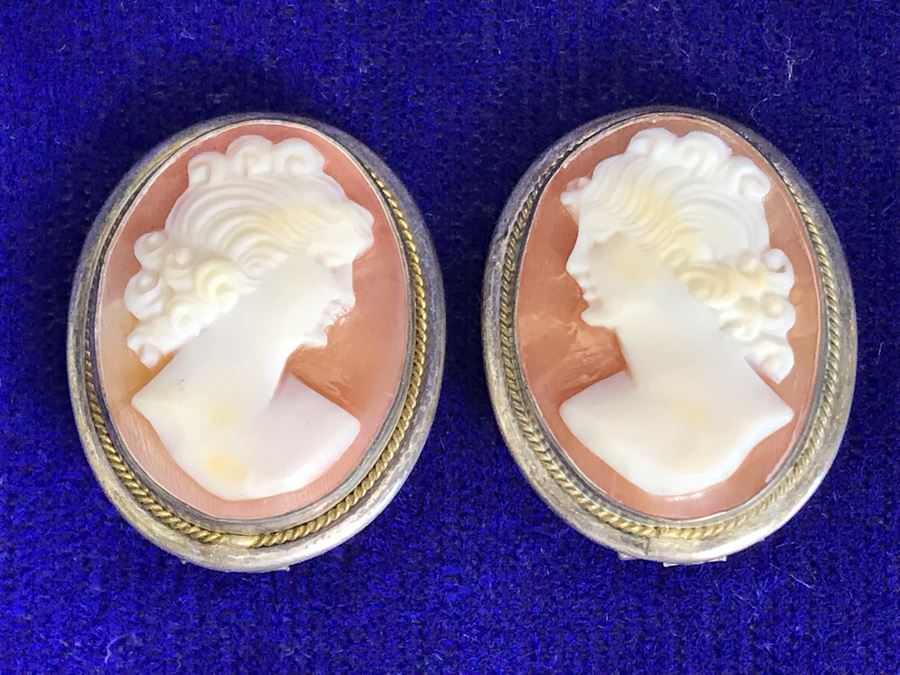 Antique 800 Silver Carved Shell Cameo Clip On Earrings 1” X 0.75” 8.8g [Photo 3]