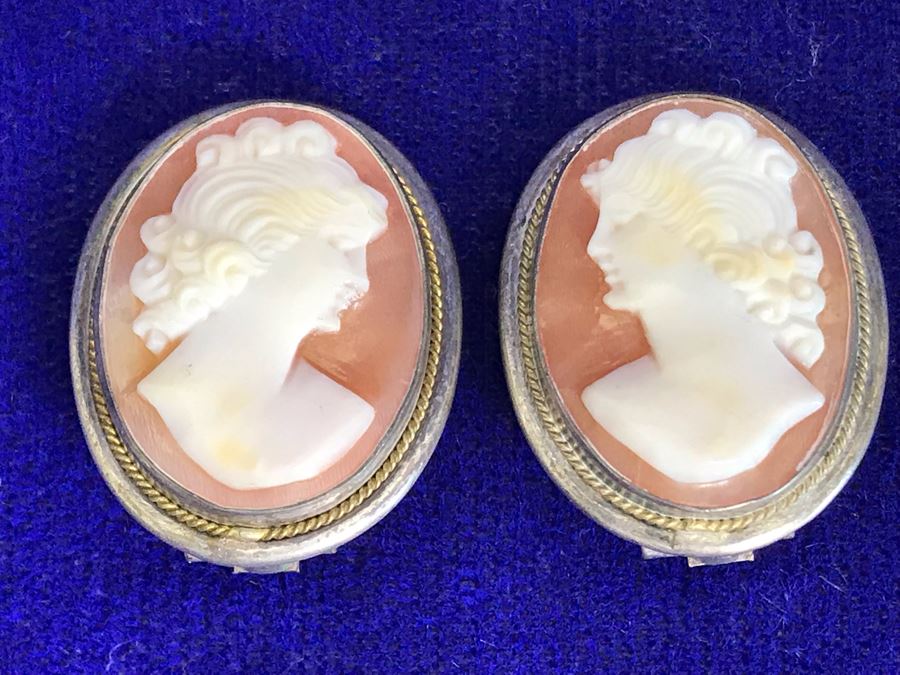 Antique 800 Silver Carved Shell Cameo Clip On Earrings 1” X 0.75” 8.8g [Photo 1]