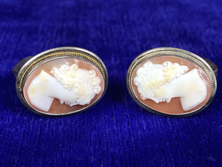 Antique 800 Silver Carved Shell Cameo Clip On Earrings 1” X 0.75” 8.8g [Photo 5]