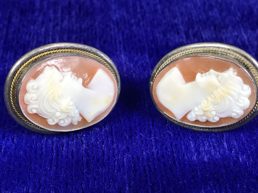 Antique 800 Silver Carved Shell Cameo Clip On Earrings 1” X 0.75” 8.8g [Photo 8]