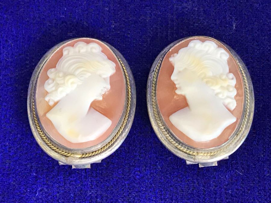 Antique 800 Silver Carved Shell Cameo Clip On Earrings 1” X 0.75” 8.8g [Photo 2]