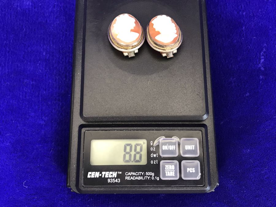 Antique 800 Silver Carved Shell Cameo Clip On Earrings 1” X 0.75” 8.8g [Photo 14]
