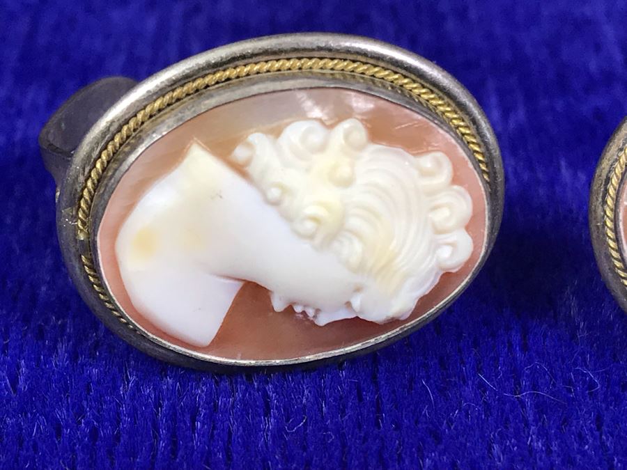 Antique 800 Silver Carved Shell Cameo Clip On Earrings 1” X 0.75” 8.8g [Photo 7]