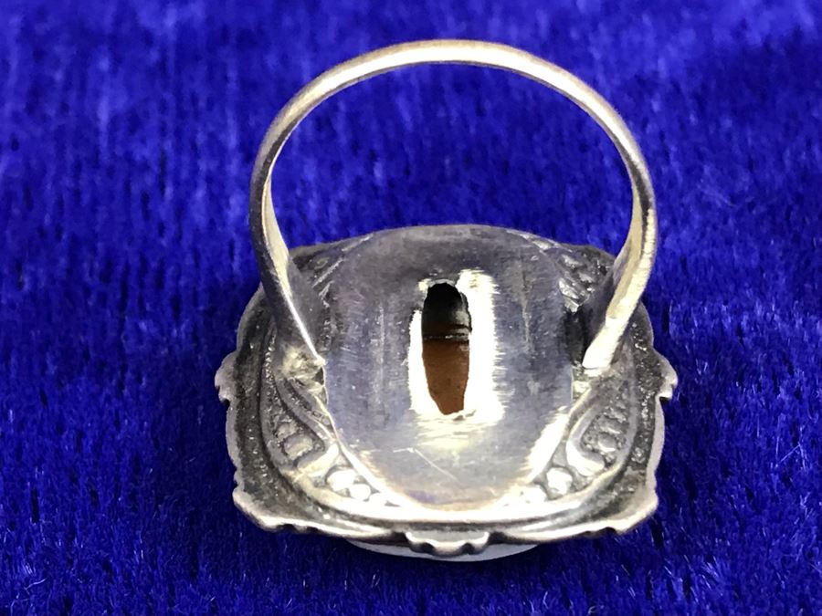 Antique Silver Carved Shell Cameo Ring With Marcasites Size 5.25 6.5g [Photo 10]