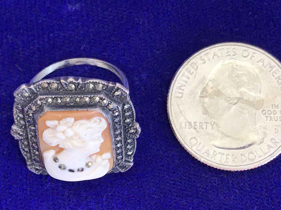 Antique Silver Carved Shell Cameo Ring With Marcasites Size 5.25 6.5g [Photo 12]