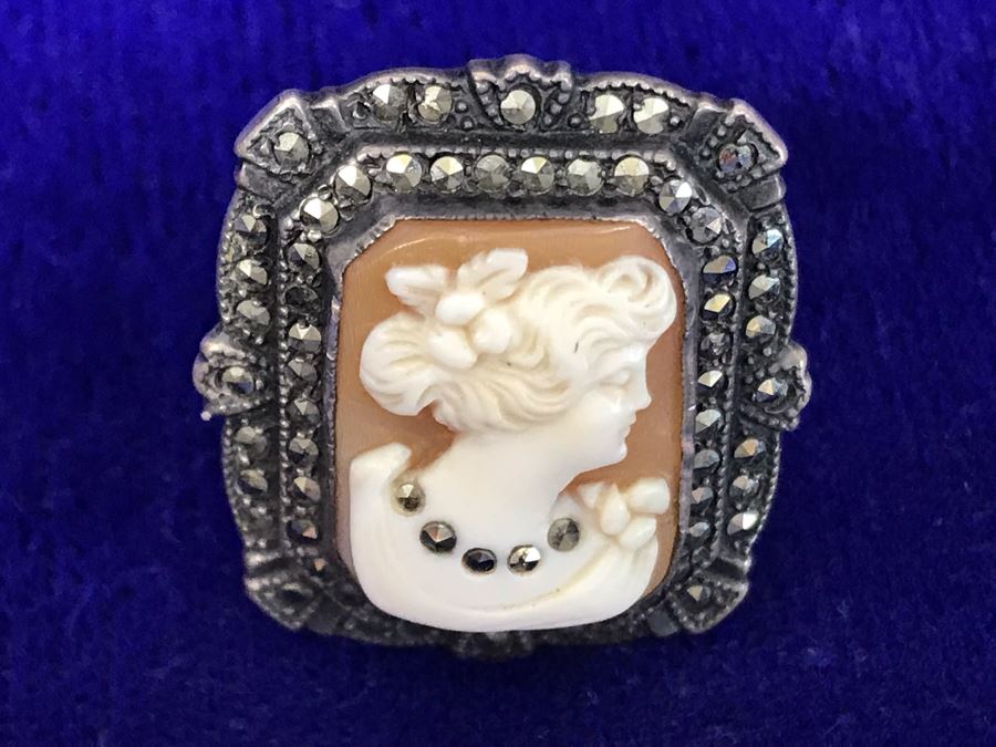 Antique Silver Carved Shell Cameo Ring With Marcasites Size 5.25 6.5g [Photo 3]