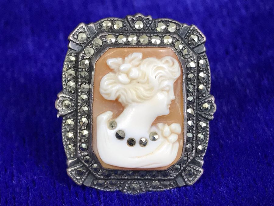 Antique Silver Carved Shell Cameo Ring With Marcasites Size 5.25 6.5g [Photo 2]