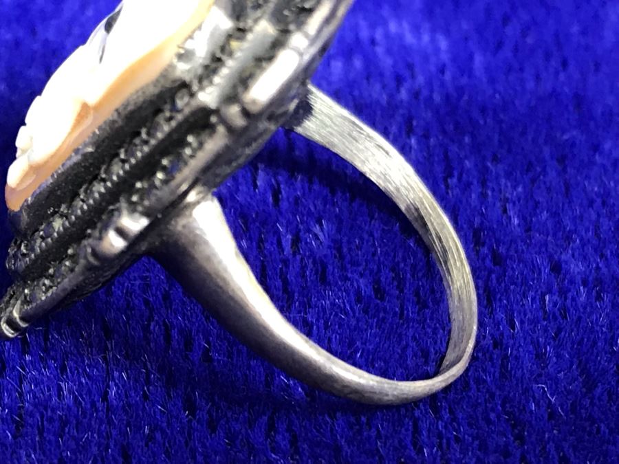 Antique Silver Carved Shell Cameo Ring With Marcasites Size 5.25 6.5g [Photo 11]