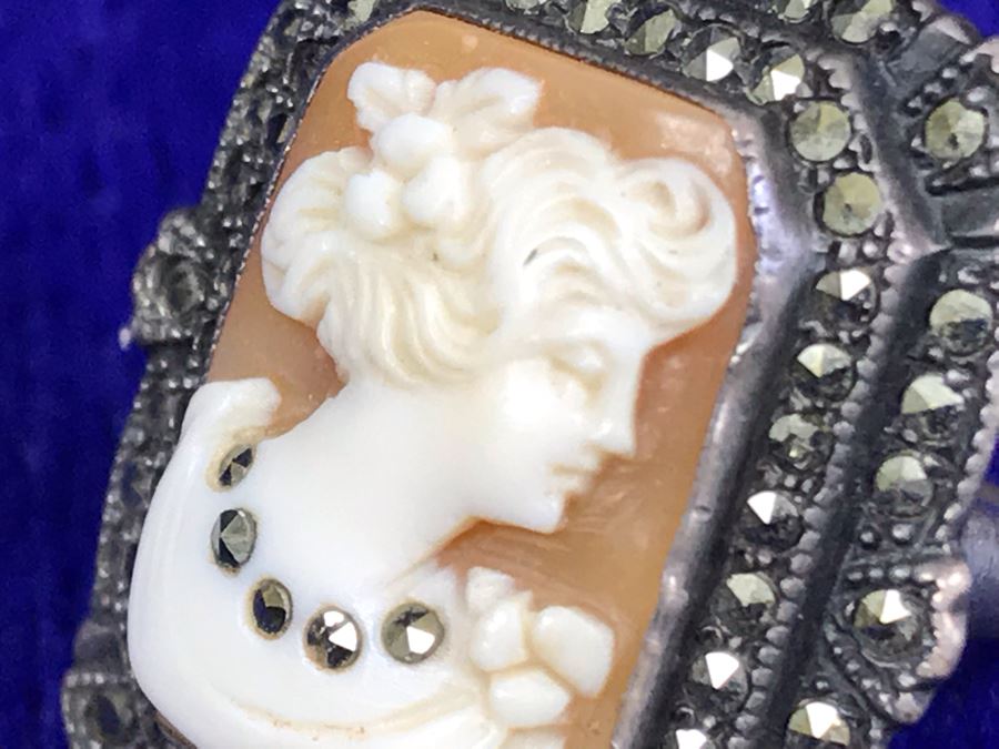 Antique Silver Carved Shell Cameo Ring With Marcasites Size 5.25 6.5g [Photo 5]