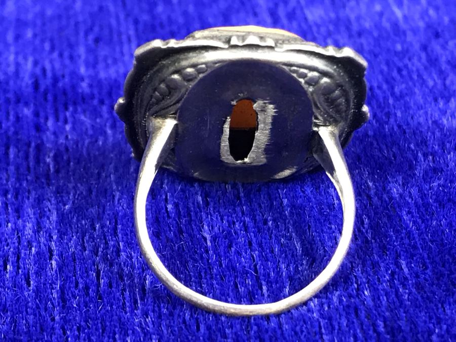Antique Silver Carved Shell Cameo Ring With Marcasites Size 5.25 6.5g [Photo 7]