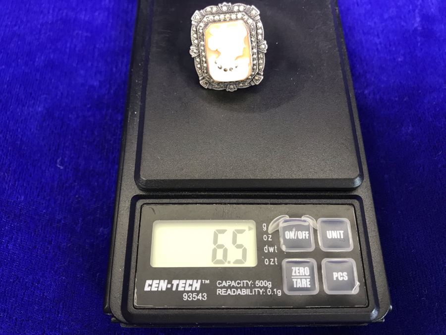 Antique Silver Carved Shell Cameo Ring With Marcasites Size 5.25 6.5g [Photo 13]