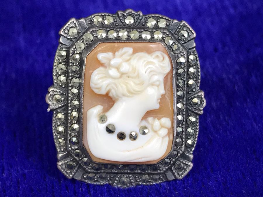 Antique Silver Carved Shell Cameo Ring With Marcasites Size 5.25 6.5g