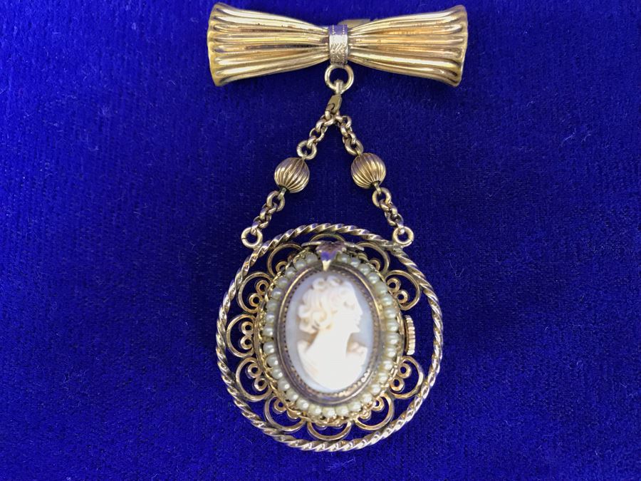 Vintage Brooch Pin Roamer 17 Jewels Watch And Carved Cameo [Photo 6]