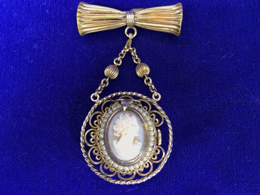 Vintage Brooch Pin Roamer 17 Jewels Watch And Carved Cameo [Photo 5]