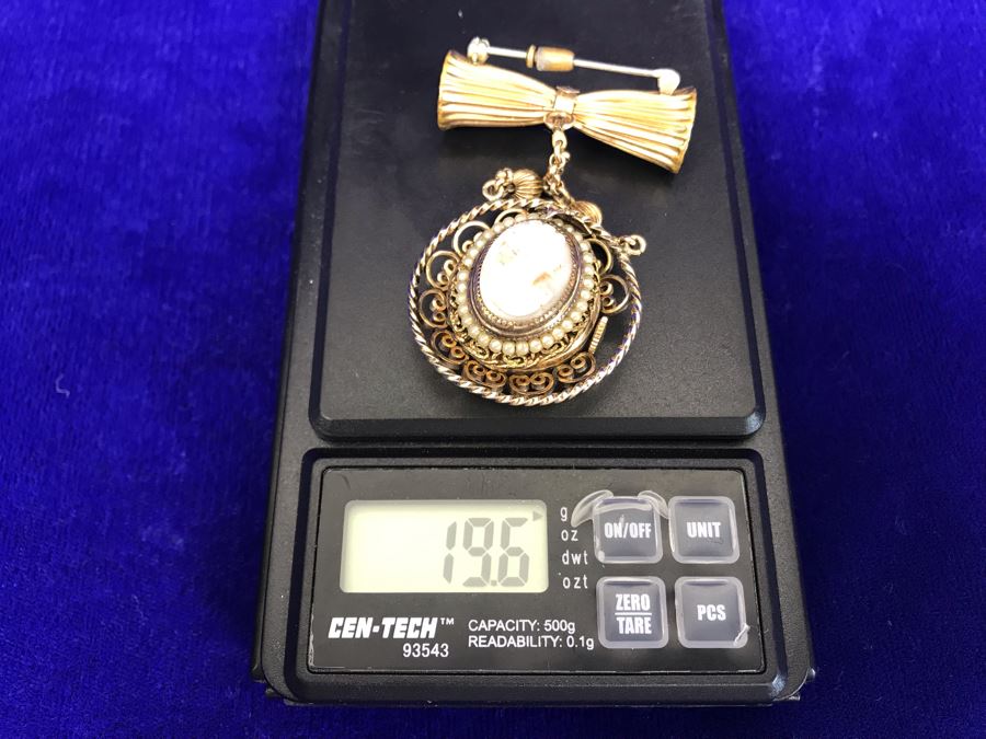 Vintage Brooch Pin Roamer 17 Jewels Watch And Carved Cameo [Photo 21]