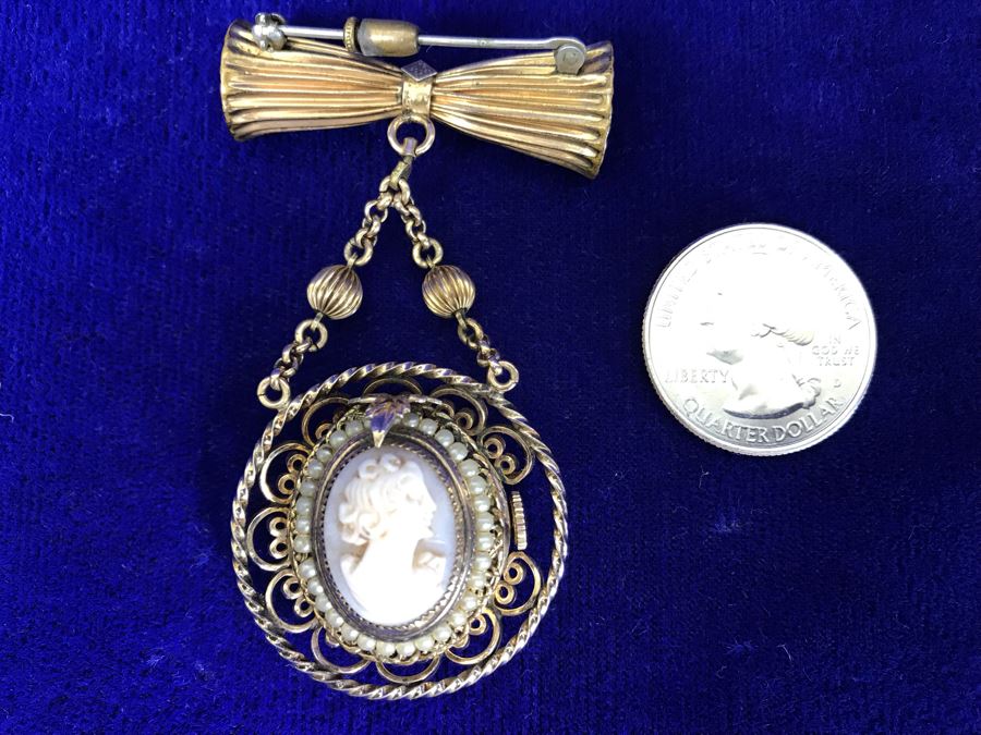 Vintage Brooch Pin Roamer 17 Jewels Watch And Carved Cameo [Photo 22]