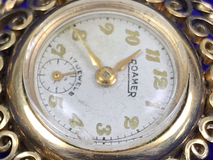 Vintage Brooch Pin Roamer 17 Jewels Watch And Carved Cameo [Photo 14]