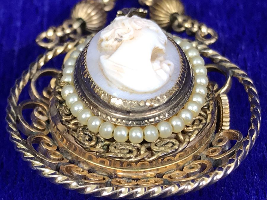 Vintage Brooch Pin Roamer 17 Jewels Watch And Carved Cameo [Photo 10]