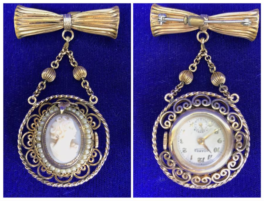 Vintage Brooch Pin Roamer 17 Jewels Watch And Carved Cameo