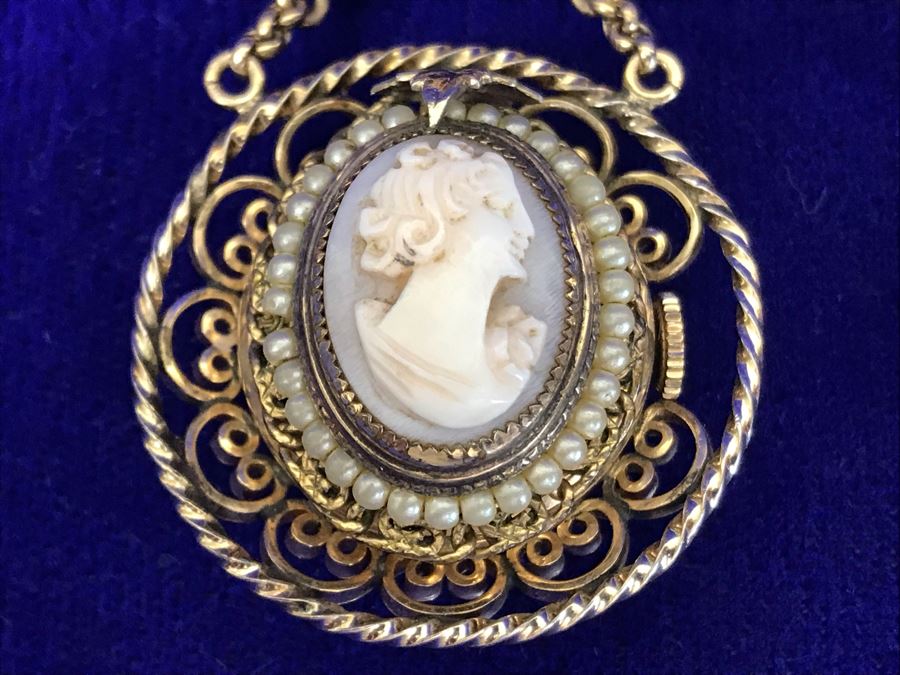 Vintage Brooch Pin Roamer 17 Jewels Watch And Carved Cameo [Photo 7]