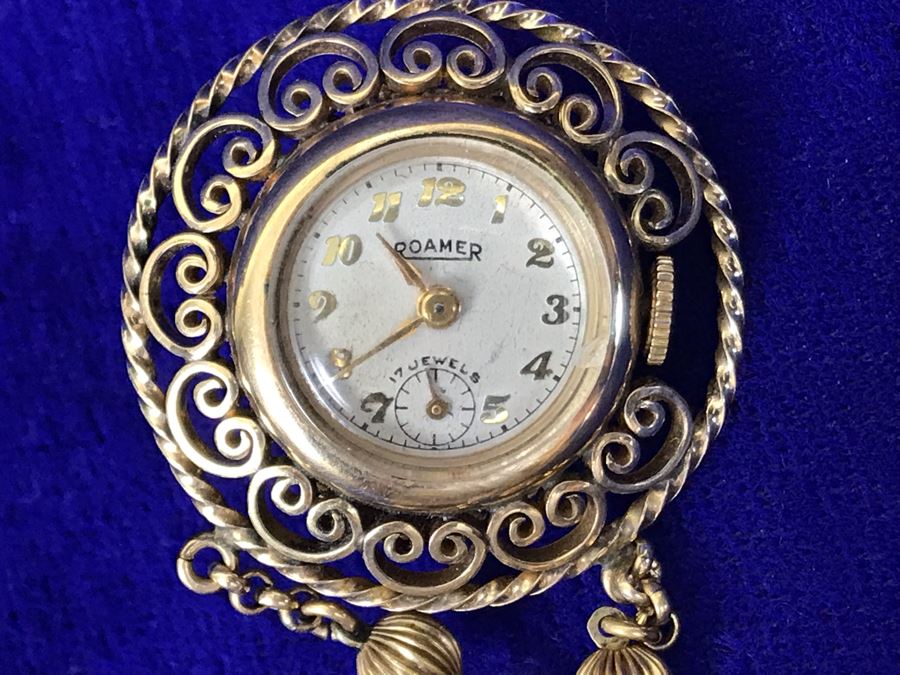 Vintage Brooch Pin Roamer 17 Jewels Watch And Carved Cameo [Photo 12]