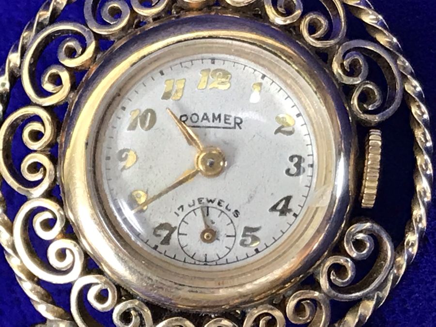 Vintage Brooch Pin Roamer 17 Jewels Watch And Carved Cameo [Photo 13]
