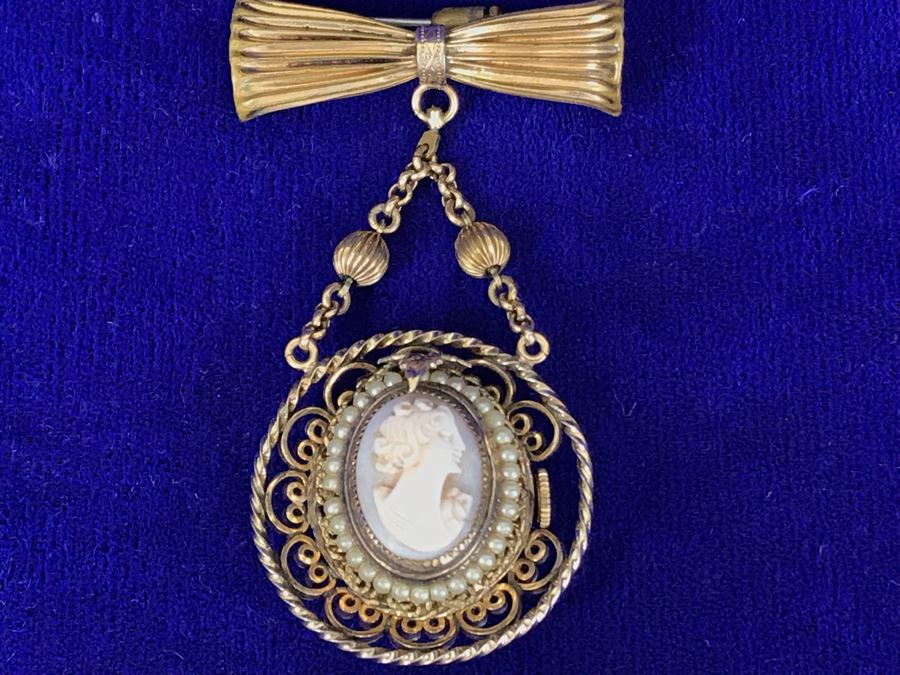 Vintage Brooch Pin Roamer 17 Jewels Watch And Carved Cameo [Photo 4]