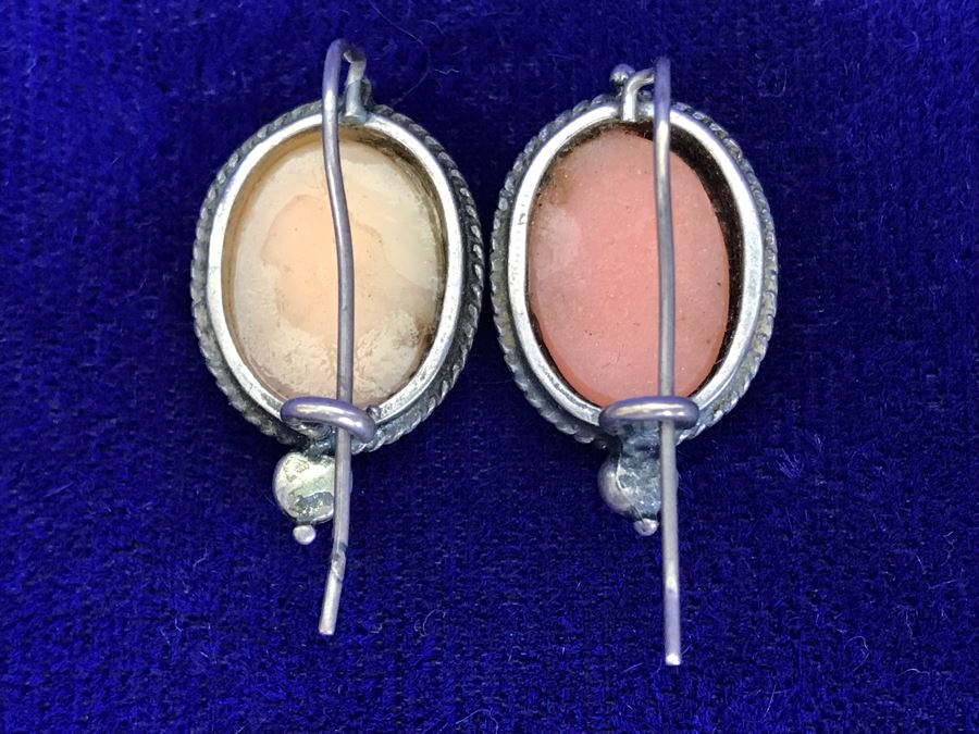 Antique Silver Carved Shell Cameo Earrings 4.8g [Photo 8]