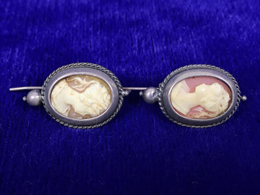 Antique Silver Carved Shell Cameo Earrings 4.8g [Photo 5]