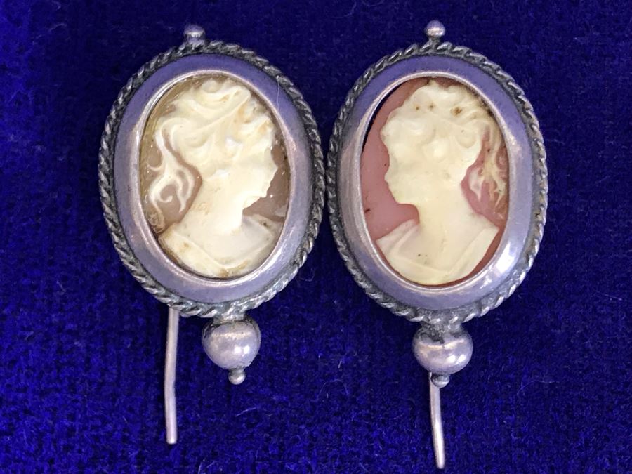 Antique Silver Carved Shell Cameo Earrings 4.8g [Photo 2]