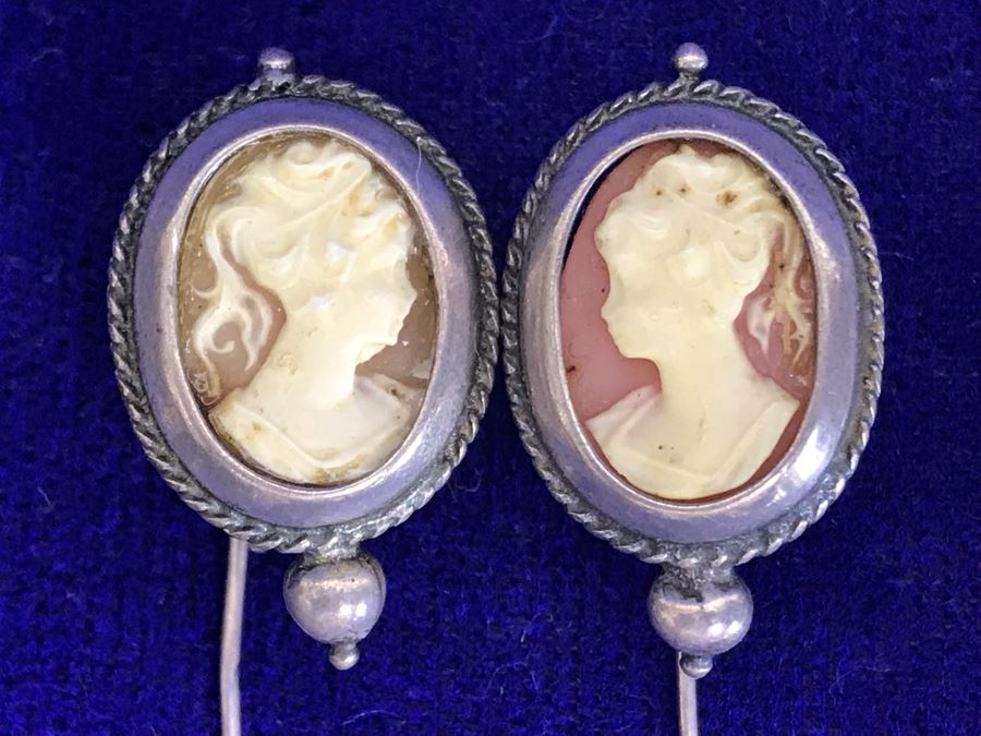 Antique Silver Carved Shell Cameo Earrings 4.8g [Photo 3]