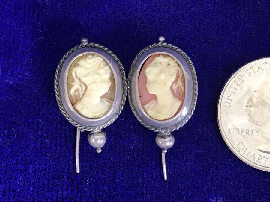 Antique Silver Carved Shell Cameo Earrings 4.8g [Photo 4]