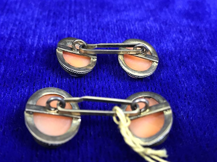 Pair Of Antique 800 Silver Carved Shell Cameo Cufflinks 6.4g [Photo 12]