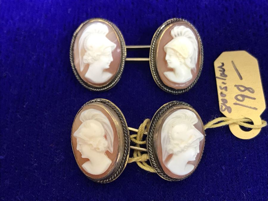 Pair Of Antique 800 Silver Carved Shell Cameo Cufflinks 6.4g [Photo 1]
