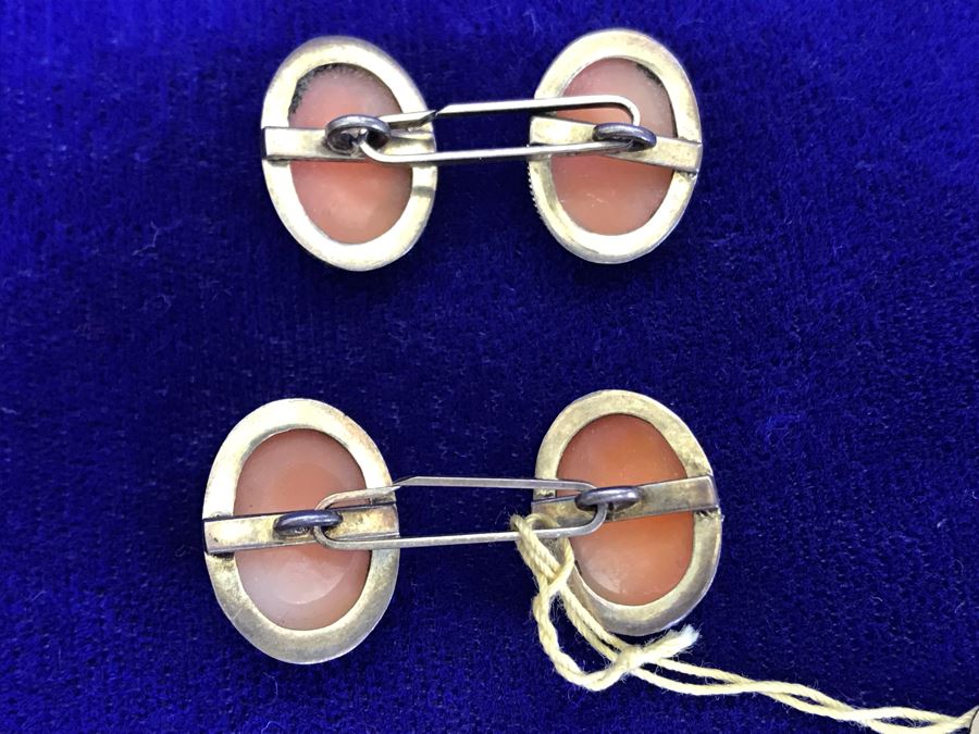 Pair Of Antique 800 Silver Carved Shell Cameo Cufflinks 6.4g [Photo 11]