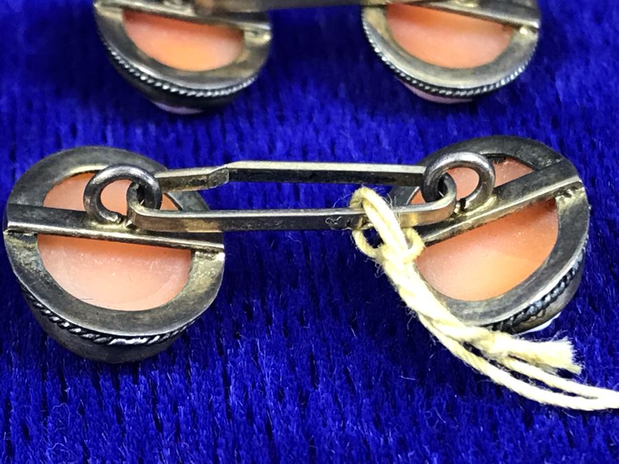 Pair Of Antique 800 Silver Carved Shell Cameo Cufflinks 6.4g [Photo 14]