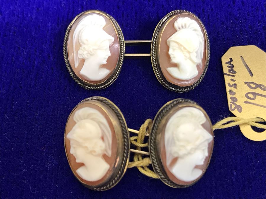 Pair Of Antique 800 Silver Carved Shell Cameo Cufflinks 6.4g [Photo 2]