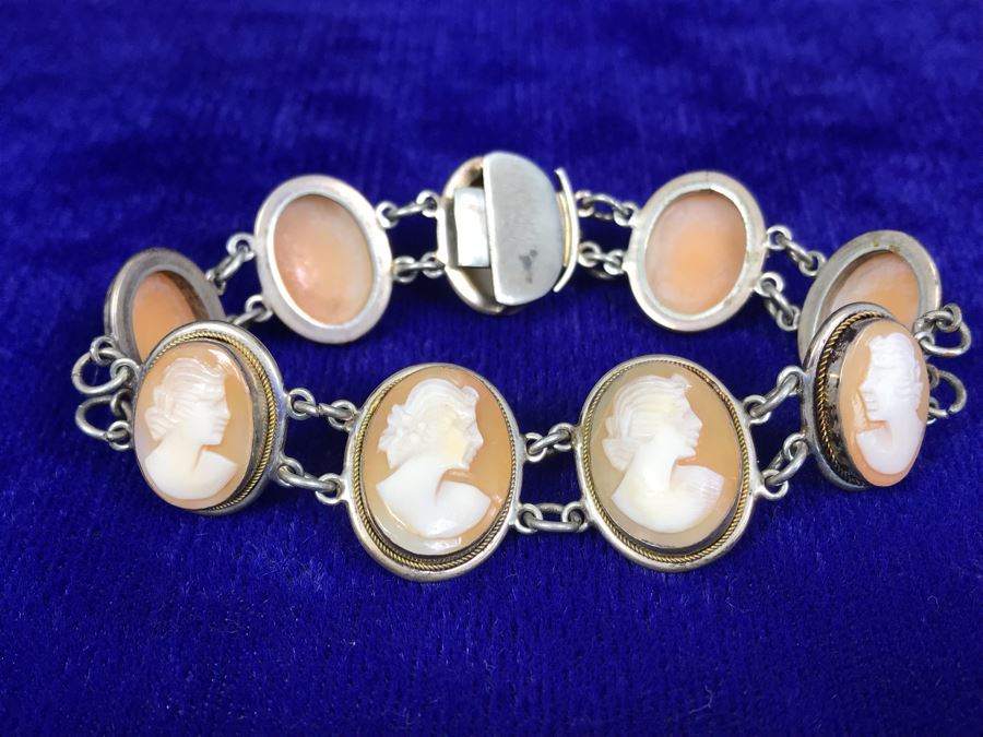 Antique Silver Carved Shell Cameo Bracelet 19.4g 7”L [Photo 5]