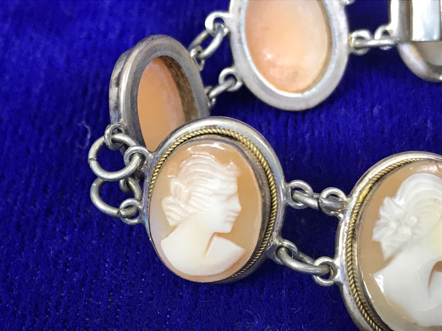 Antique Silver Carved Shell Cameo Bracelet 19.4g 7”L [Photo 11]