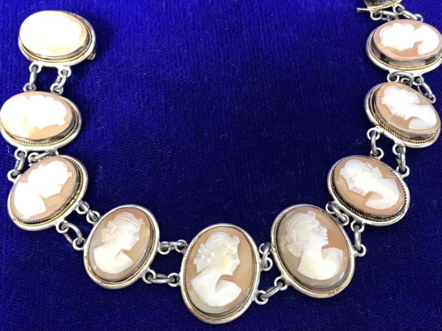 Antique Silver Carved Shell Cameo Bracelet 19.4g 7”L [Photo 3]